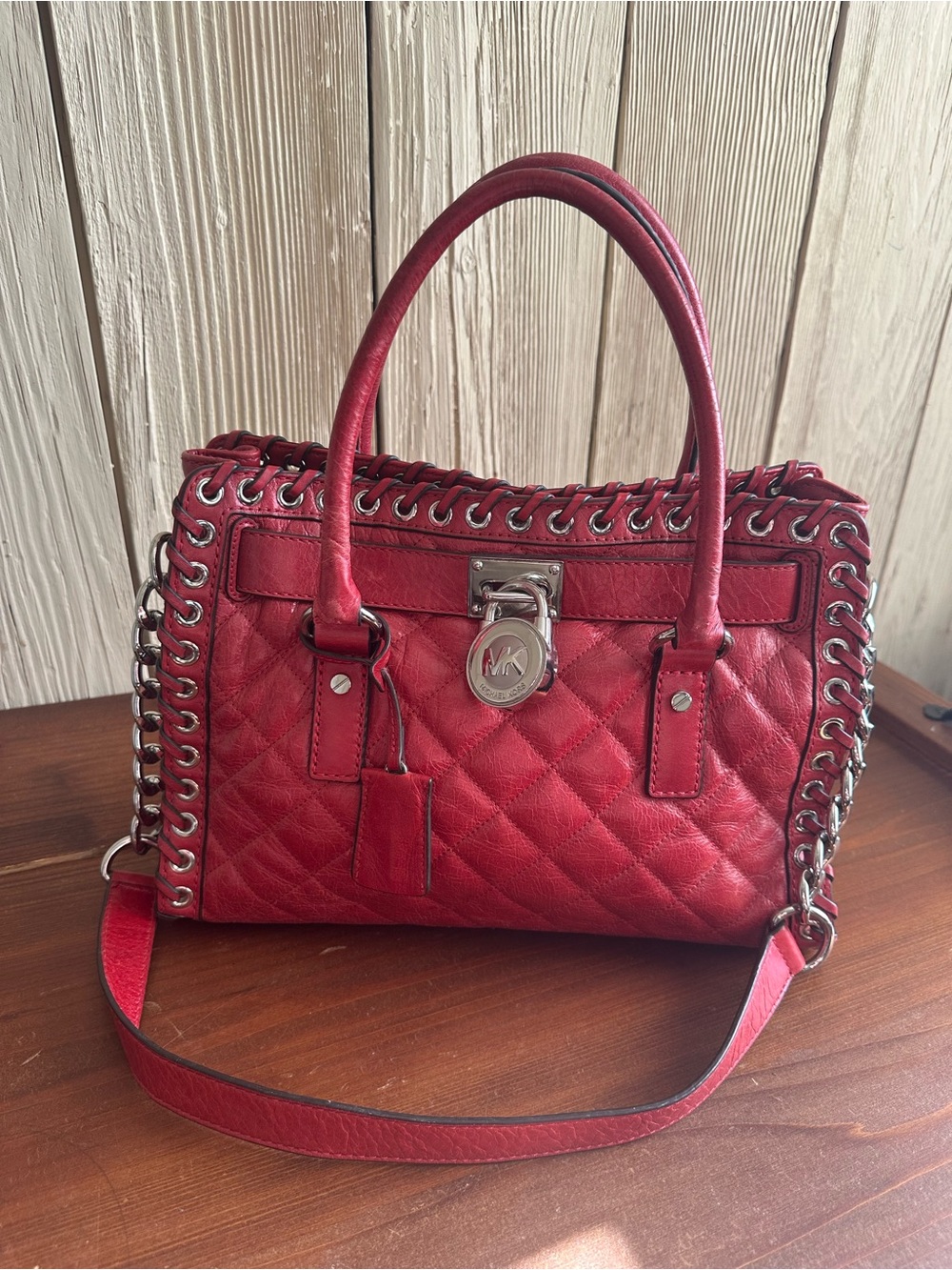 Michael Kors Crimson Quilted Hippie Grommet Satchel Bag w/ Lock & Key